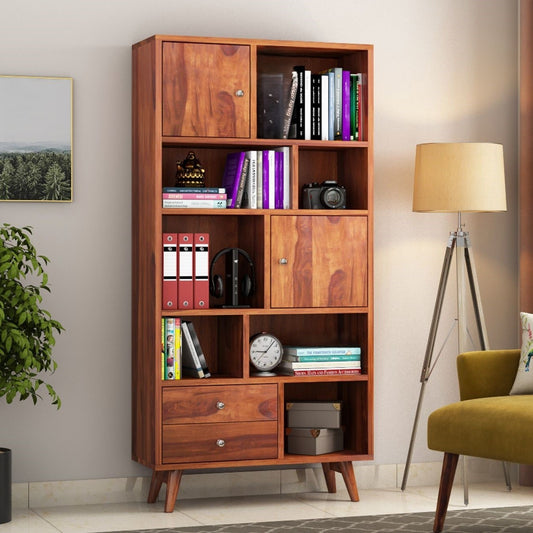 Two Door Two Drawer and Six Open Shelf With tapered legs Neptune Bookshelf Made in Solid Wood. 