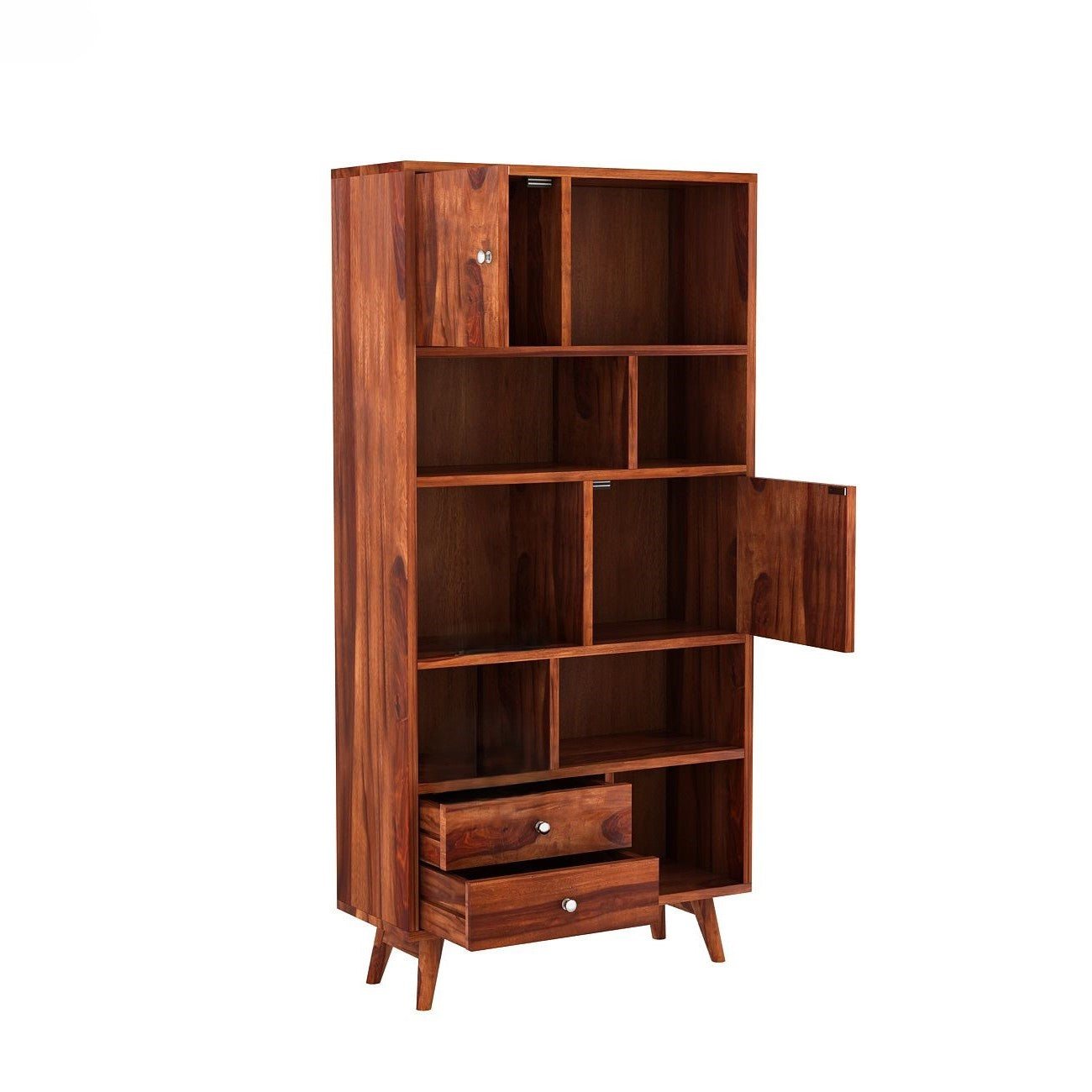 Sheesham Wood Two Door Two Drawer and Six Open Shelf With tapered legs Neptune Bookshelf. 