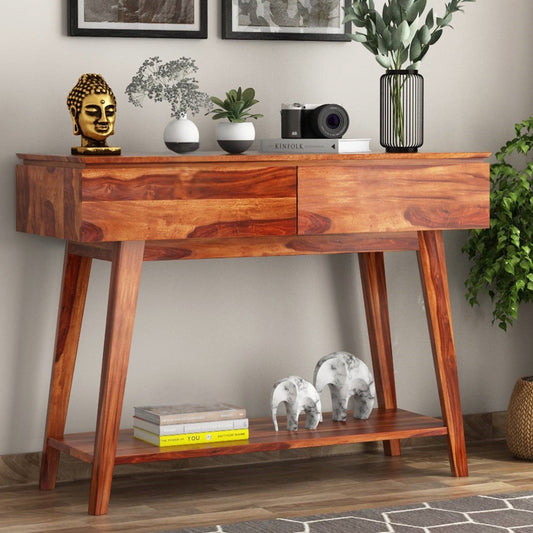 Solid Wood Two Drawer and One Open Shelf Neptune Console Table. 