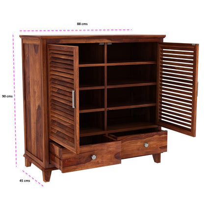 Strip Design Two Door and Two Drawer Neptune Shoe Rack Made in Solid Sheesham Wood.
