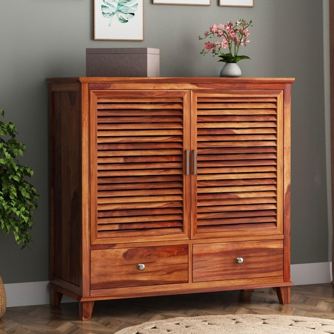 Two Door and Two Drawer Neptune Shoe Rack Made in Solid Sheesham Wood.