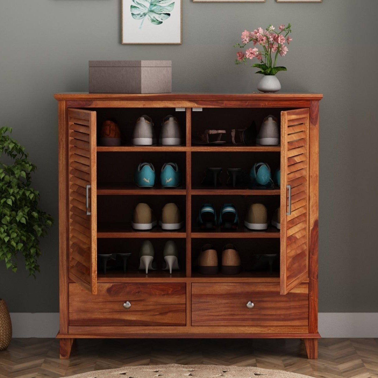 Solid Wood Two Door and Two Drawer Neptune Shoe Rack Cabinet.