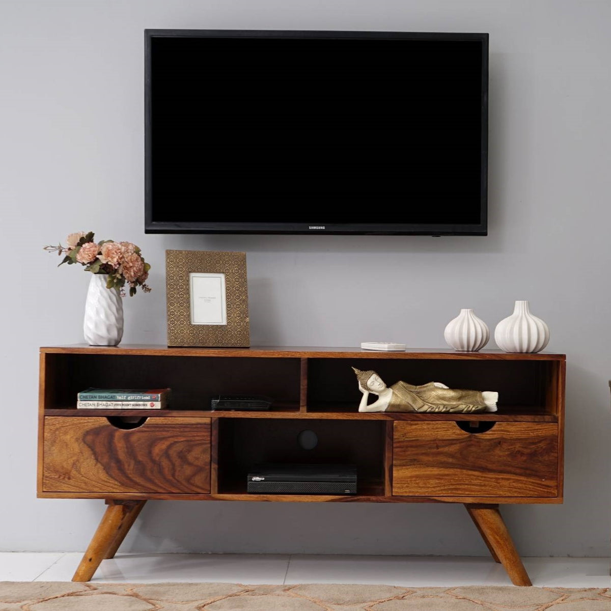 Three Shelf and Two Drawer Neptune Tv Cabinet Made in Solid Wood. 