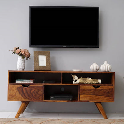 Three Shelf and Two Drawer Neptune Tv Cabinet Made in Solid Wood. 