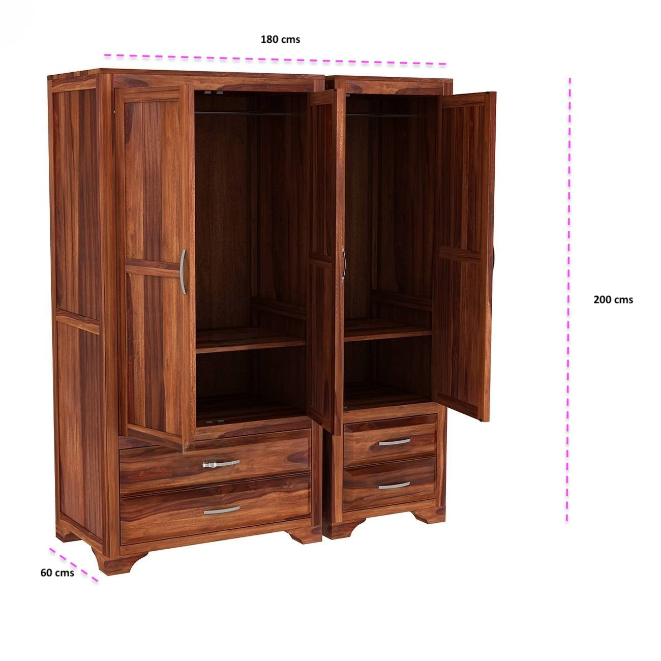 Three Door and Four Drawer Neptune Wardrobe Made in Solid Sheesham Wood.