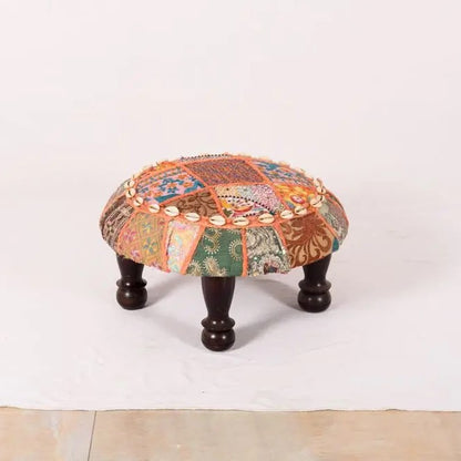 Carving Legs Rajasthani Patchwork Chowki made in Solid Sheesham Wood.