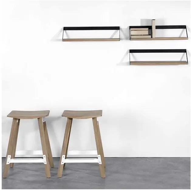 Wooden and Metal Frame Slope Wall Shelve In Mango Natural With Metal Black Finish.