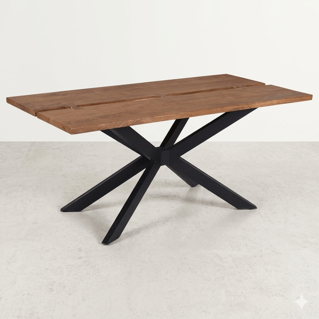 Sheesham Wood and Cross Connect Metal legs Spider  Leg Dining Table.