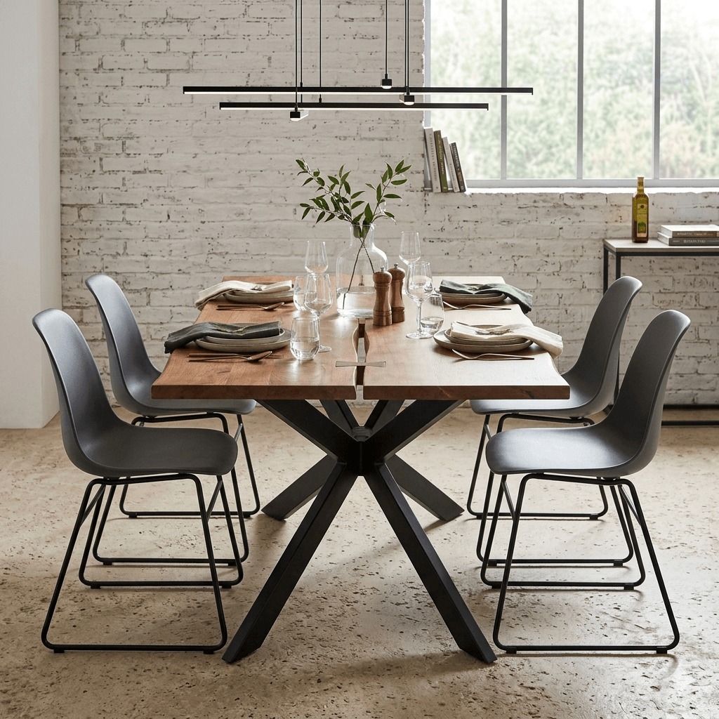 Solid Wood and Cross Connect Metal legs Spider  Leg Dining Table.