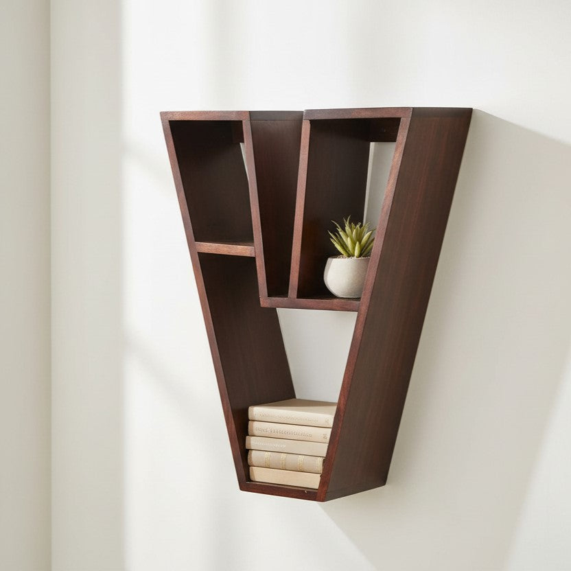 Solid Sheesham Wood V Shaped Open Shelf Vee Wall Rack. 