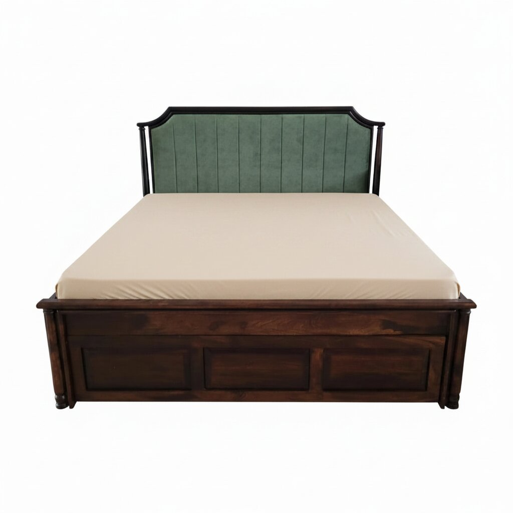 Solid Wood Vertical Channel Tufted Bed with half box and front drawer storage.