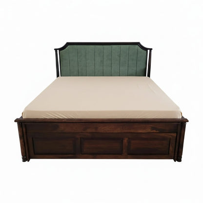 Solid Wood Vertical Channel Tufted Bed with half box and front drawer storage.