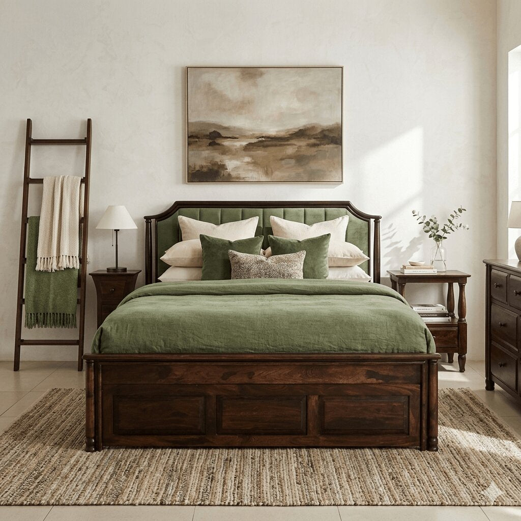 Solid Sheesham Wood Vertical Channel Tufted Bed with half box and front drawer storage.