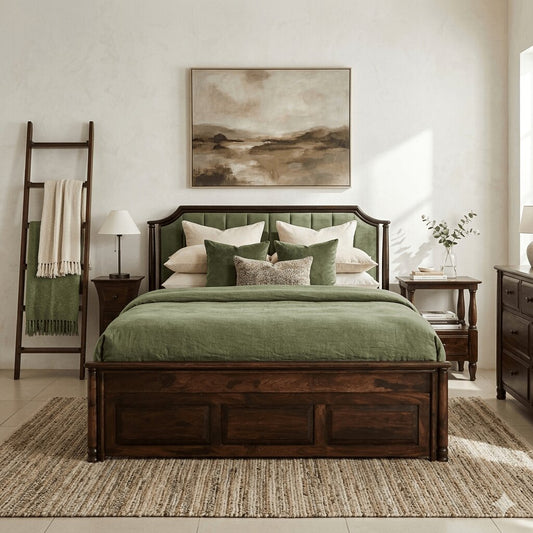 Solid Sheesham Wood Vertical Channel Tufted Bed with half box and front drawer storage.