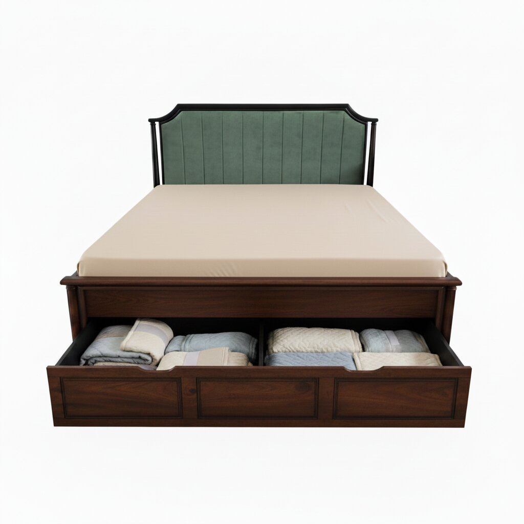 Solid Sheesham Wood Vertical Channel Tufted Bed with half box and front drawer storage.