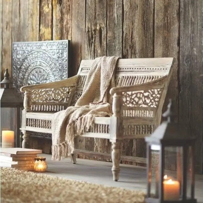 Solid Sheesham Wood Carving and Ghirlee Design Vintage Two Seater Sofa.