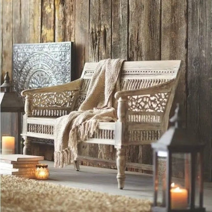 Solid Sheesham Wood Carving and Ghirlee Design Vintage Two Seater Sofa.