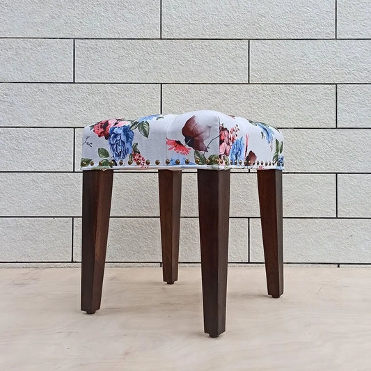 Solid Sheesham wood Stool with floral patterned seat.