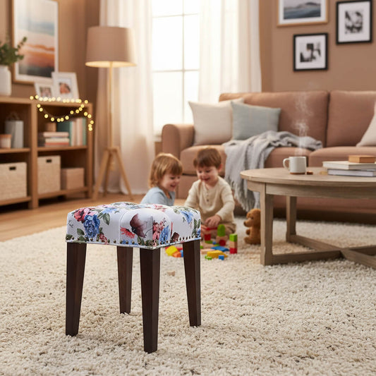 Solid Sheesham wood Stool with floral patterned seat.