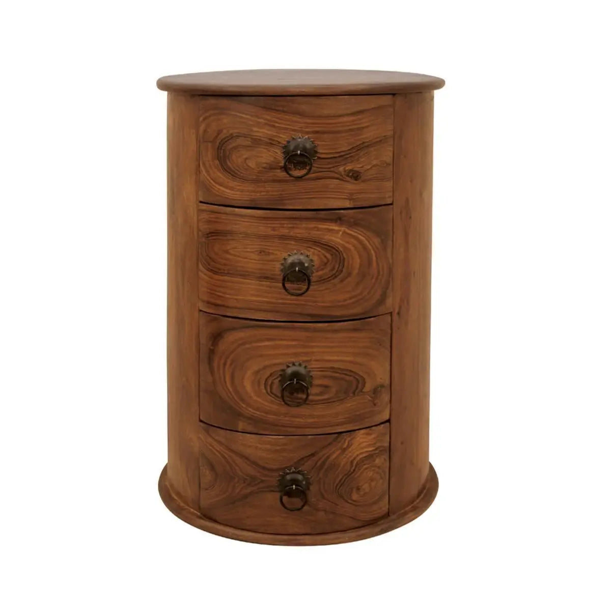 Four drawer sheesham wood round shaped side table.