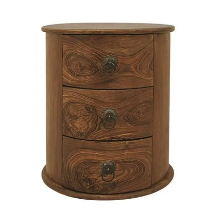 Three Drawer Acropolis Round Side End Table Made in Solid Sheesham Wood. 