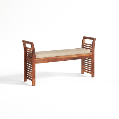 Solid wood strip design Aira bench with a cushion seat.