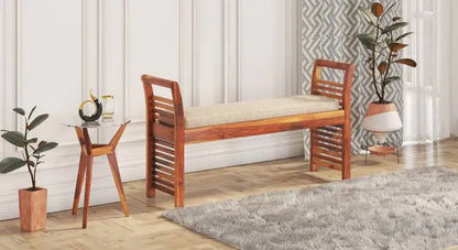 Wooden Aira bench with cushion seat.