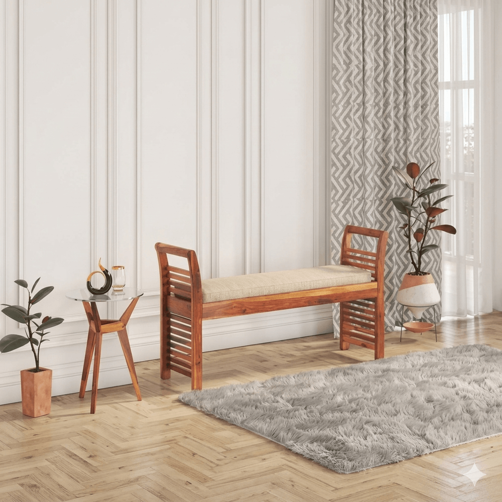Wooden Aira bench with cushion seat.