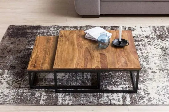Nested square top Alan coffee table set 2 pcs made in Solid sheesham wood and Metal frame. 