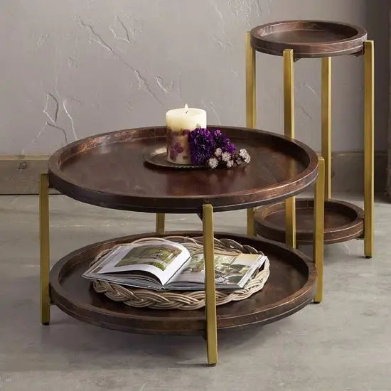 Solid wood and Metal stand Round shaped alanis coffee table with two additional shelves for keeps decorative item and books newspaper etc. 