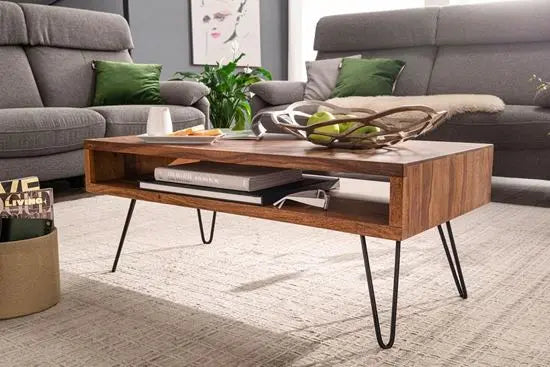 Solid Wood and sleek metal hairpin legs Modern style one shelf albert coffee table.