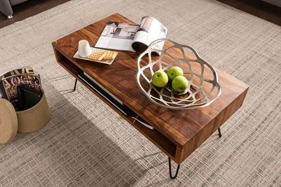 Solid Sheesham Wood and sleek metal hairpin legs Modern style one shelf albert coffee table.