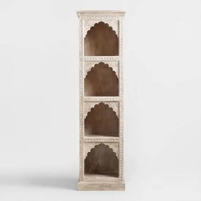 Solid Mango Wood Four Open Shelf Carving Design Alberto Bookshelf.