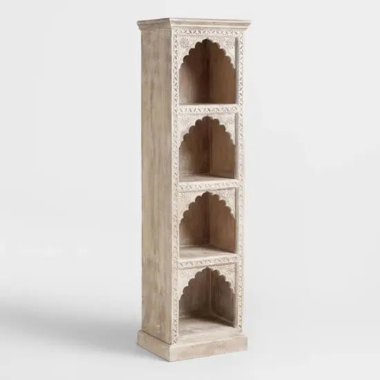 Four Open Shelf Carving Design Alberto Bookshelf Made in Solid Mango Wood. 