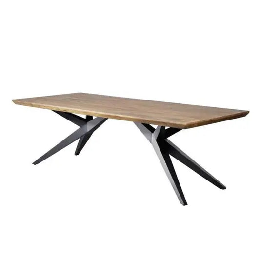 solid wood dining table with wooden top and metal legs.