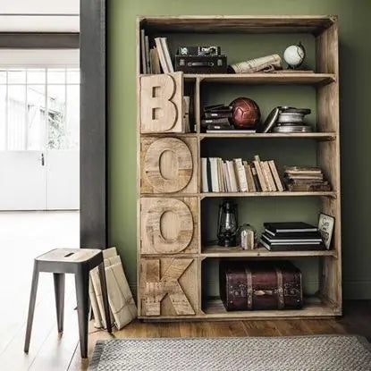 Solid Mango Wood Four Door and Five Open Shelf Alpha Bookcase.