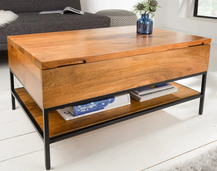Solid wood Ama Lift Top Coffee Table  with a storage compartment in a living room setting. 