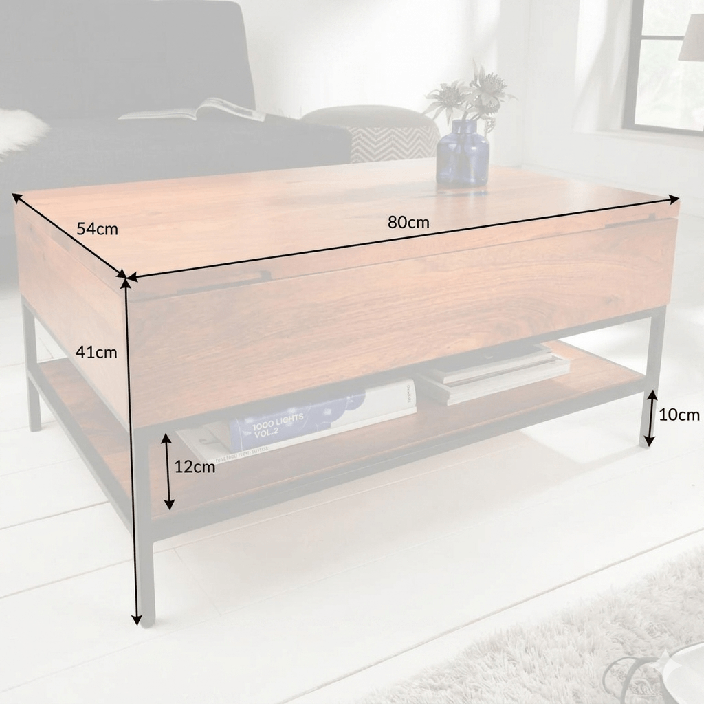 Mango wood and Metal frame Ama Lift Top Coffee Table with a storage compartment in a living room setting. 