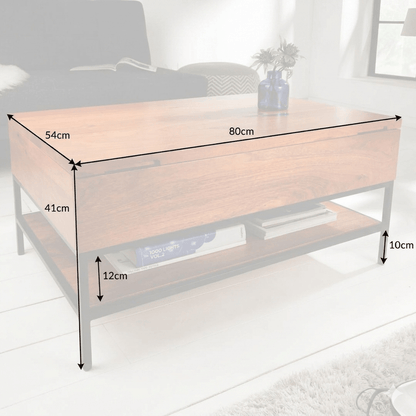 Mango wood and Metal frame Ama Lift Top Coffee Table with a storage compartment in a living room setting. 