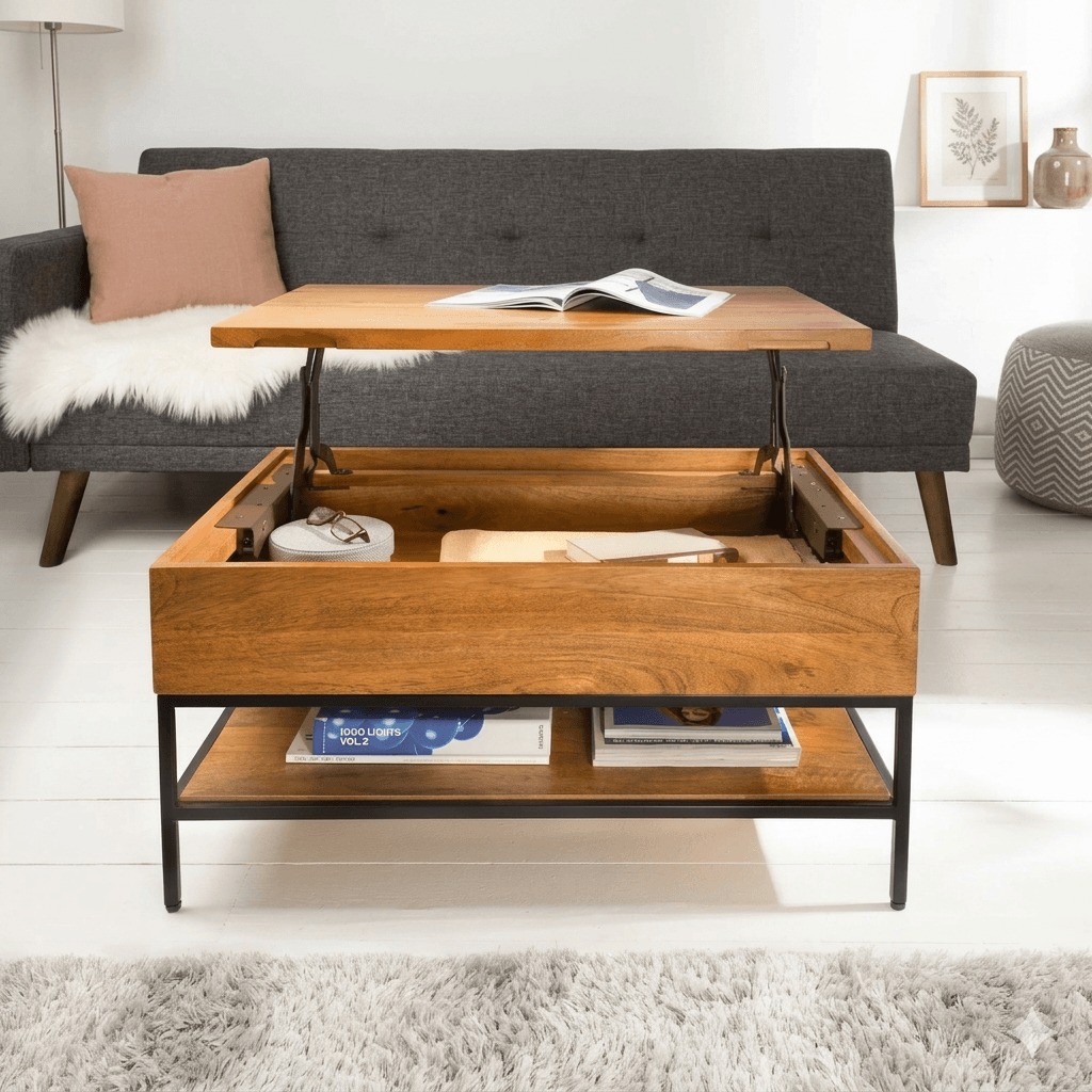 Mango wood and Metal Frame Ama Lift Top Coffee Table with lift-top design.