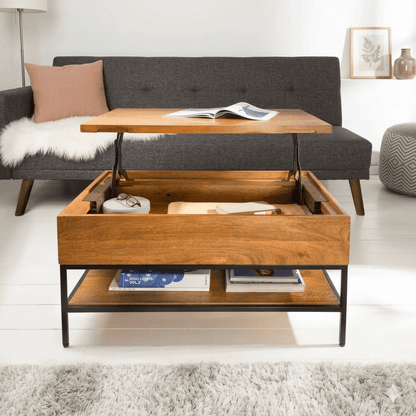 Mango wood and Metal Frame Ama Lift Top Coffee Table with lift-top design.