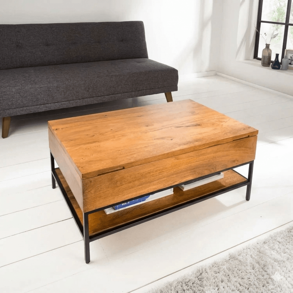 Mango wood Ama Lift Top Coffee Table with lift-top design in a living room setting. 
