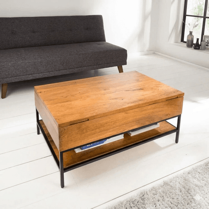 Mango wood Ama Lift Top Coffee Table with lift-top design in a living room setting. 