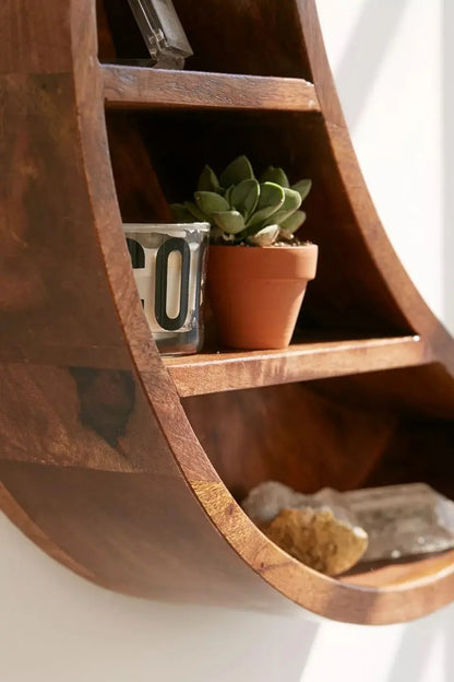 Solid Wood four shelf moon shaped Ananta Moon Wall Shelve. 
