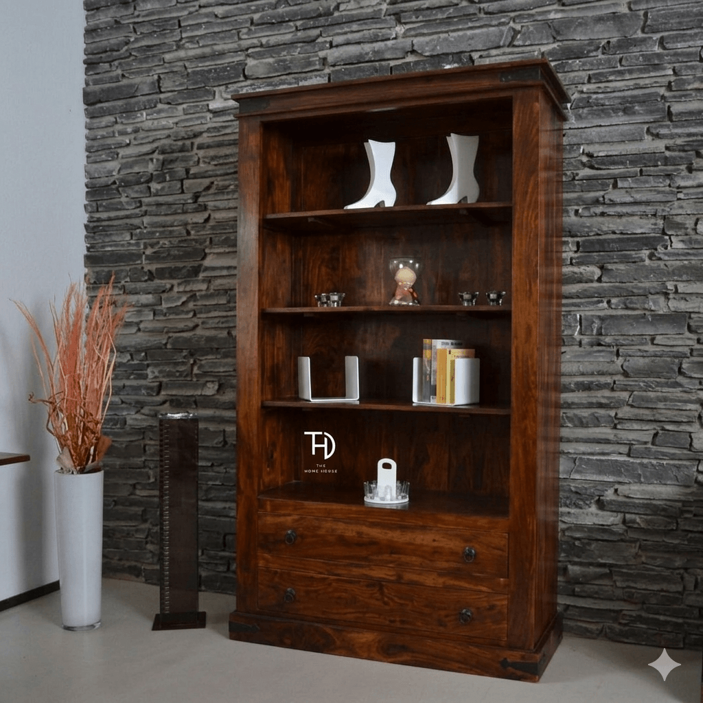 Solid Wood Four Open Shelf and Two Drawer Antique Bookshelf. 