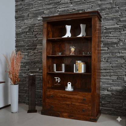 Solid Wood Four Open Shelf and Two Drawer Antique Bookshelf. 