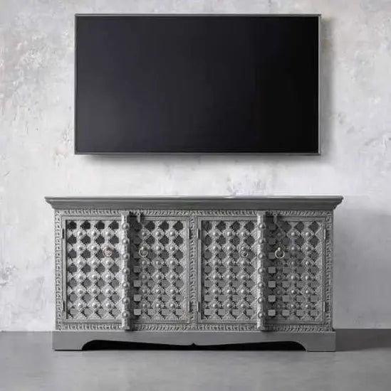 Four Doors Artistic Sideboard Made in Solid Mango Wood and its Looks So Beautiful and Antique in Handcrafted Door and Front Panels. 