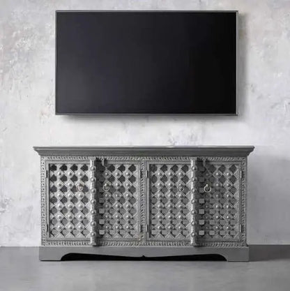 Four Doors Artistic Sideboard Made in Solid Mango Wood and its Looks So Beautiful and Antique in Handcrafted Door and Front Panels. 