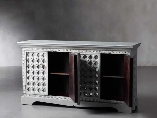 Four Doors Artistic Sideboard Made in Solid Mango Wood and its Looks So Beautiful and Antique in Handcrafted Door and Front Panels. 
