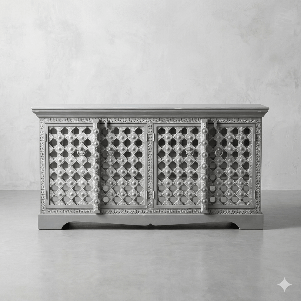 Solid Mango Wood Four Doors Artistic Sideboard. This Sideboard Hand Crafted doors and Front Panel Looks So Antique. 